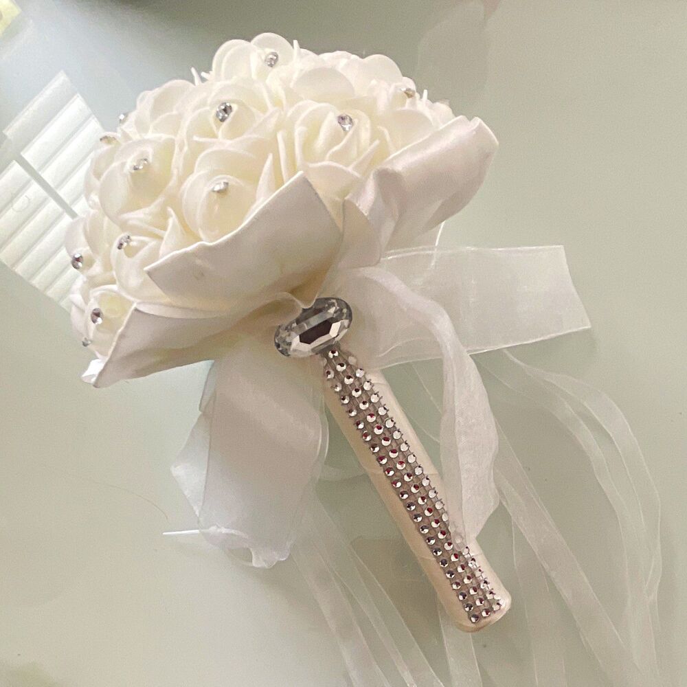 Artificial White Rose Wedding Bridal Bouquet w/ Rhinestone Handle, Ribbon